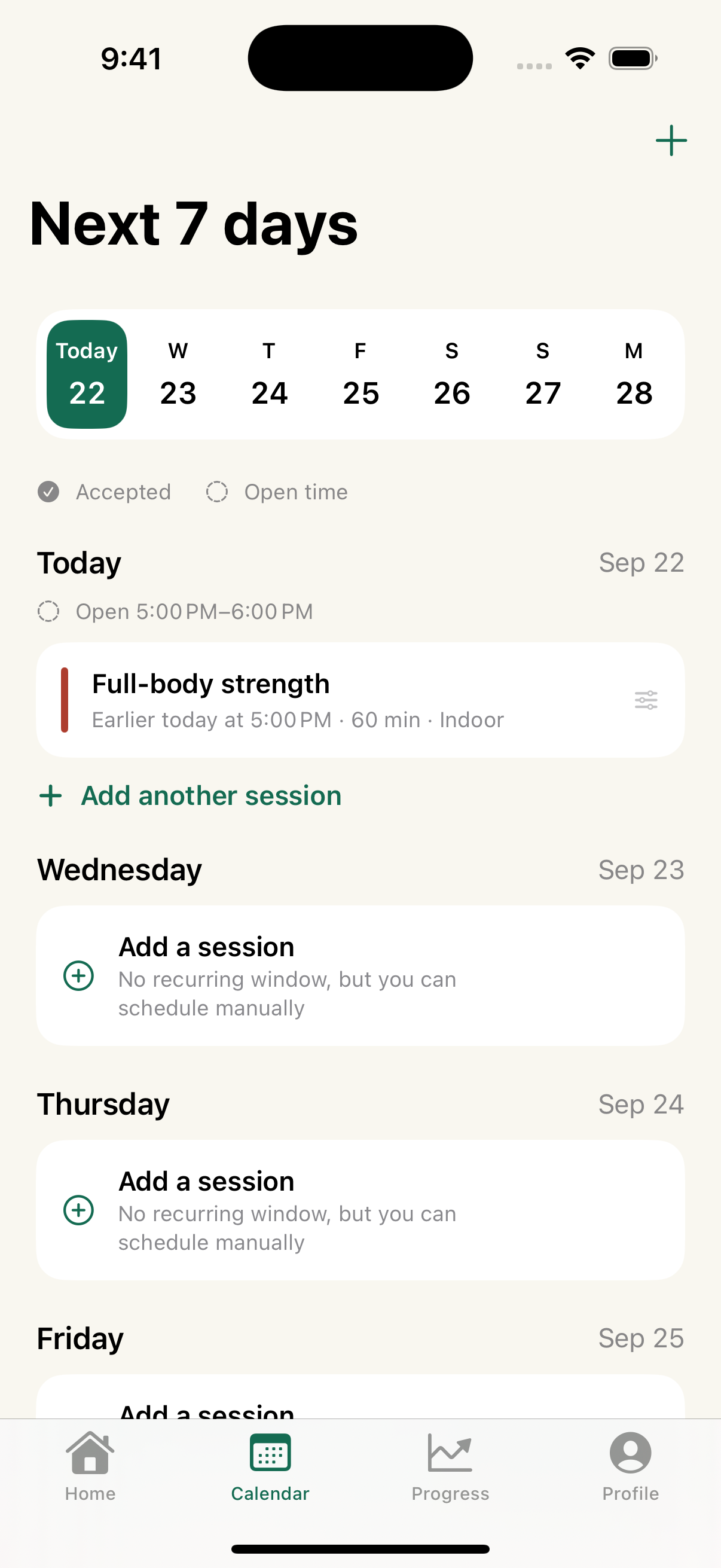 Seven-day calendar with planned activities and open time