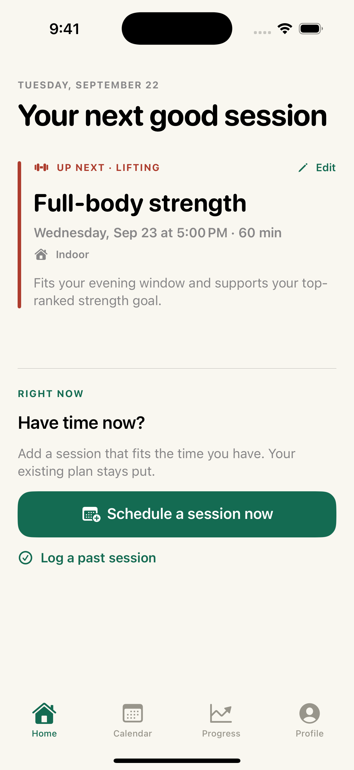 Next Good Session Home screen with your next workout and the reason it fits your day